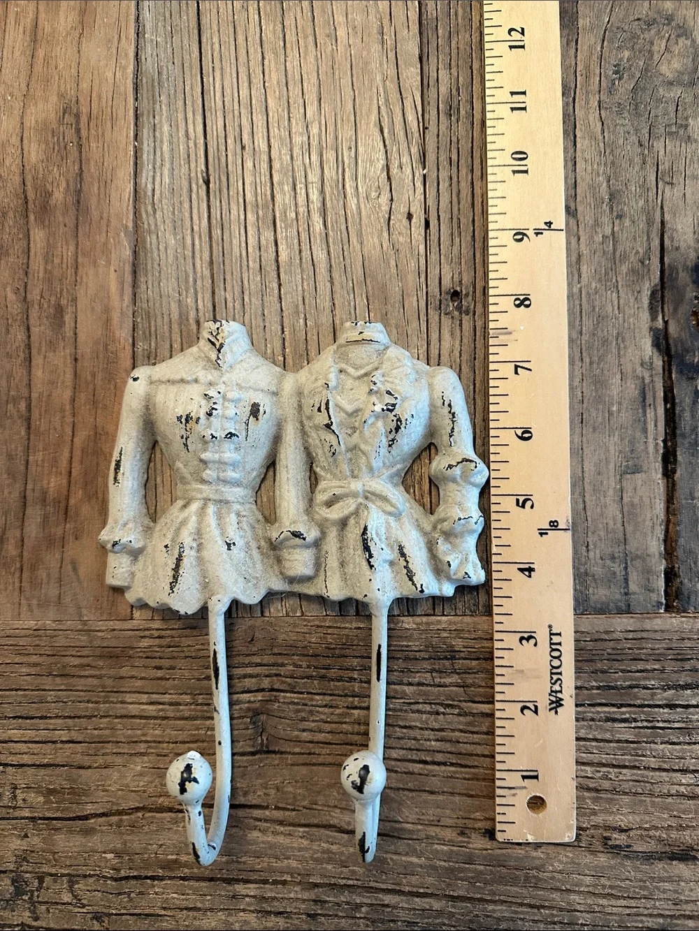 Double Dress Wall Hook - Distressed White Cast Iron
